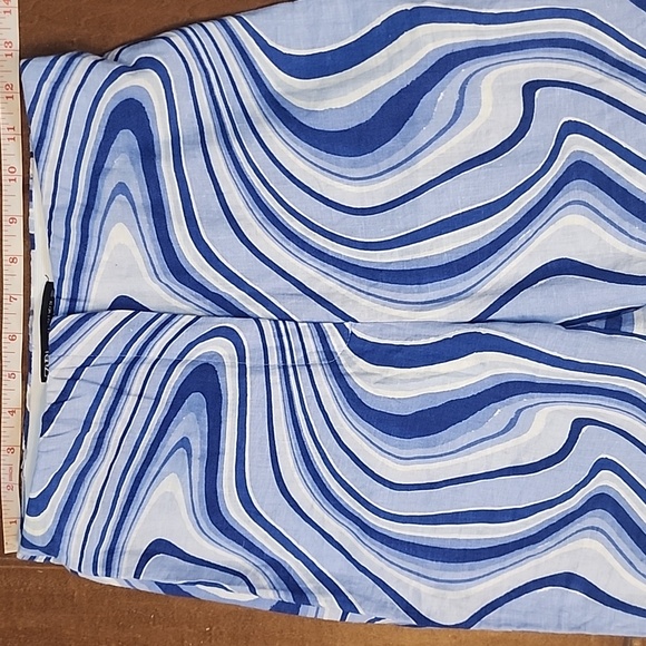 Zara Blue White High Waist Flare Slit Leg Pants Groovy Disco Linen - Picture 5 of 12